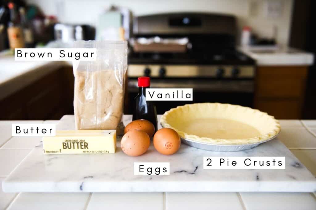 Labeled ingredients to make brown sugar pies for holiday parties or potlucks