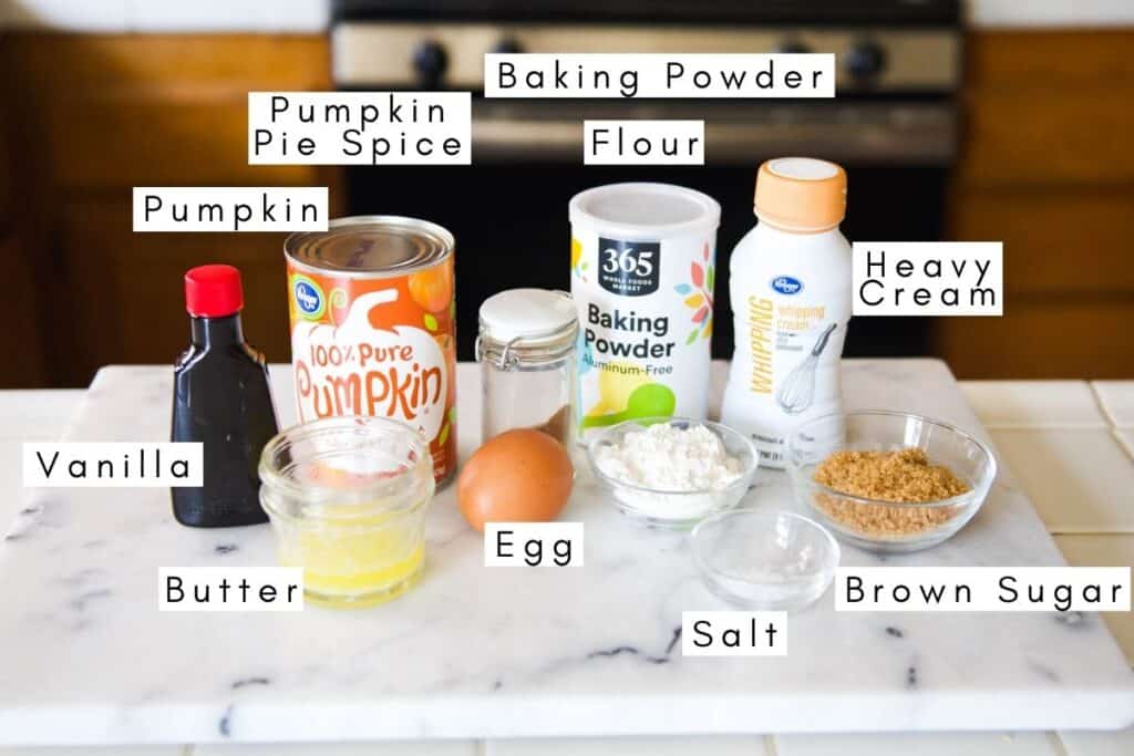 Labeled ingredients for making a pumpkin mug cake in the microwave.