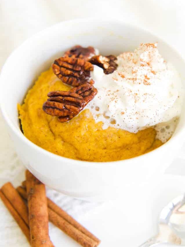 Finished shot of a pumpkin mug cake made in the microwave.