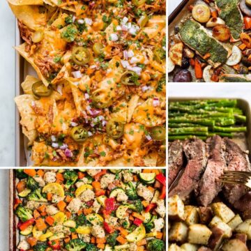 Collage of sheet pan meal ideas.