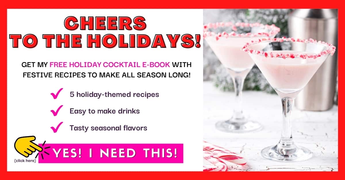 Candy cane martinis on a table with text next to it. 