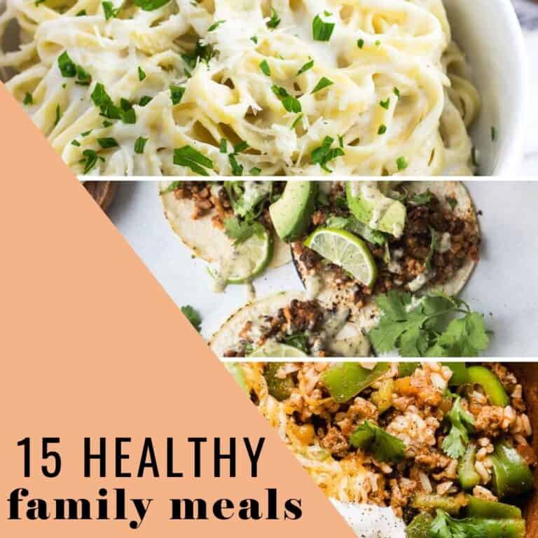 Collage of healthy dinner recipes to make for the family.