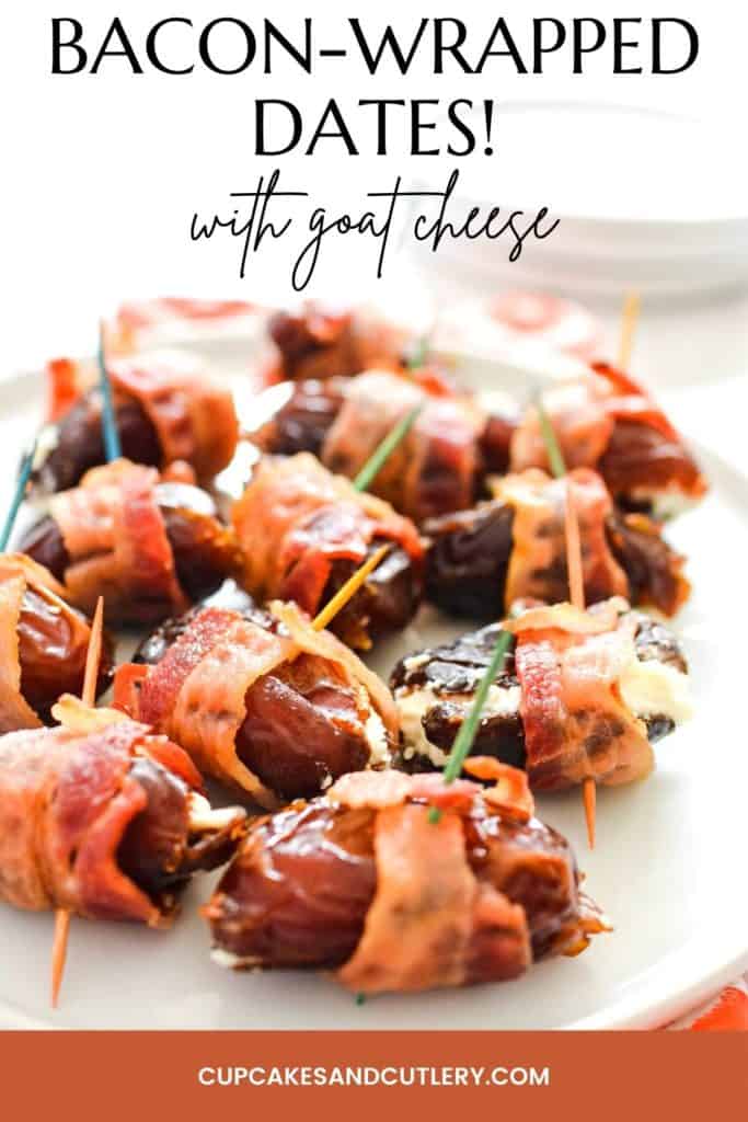 Bacon Wrapped Dates with Goat Cheese on a white plate.