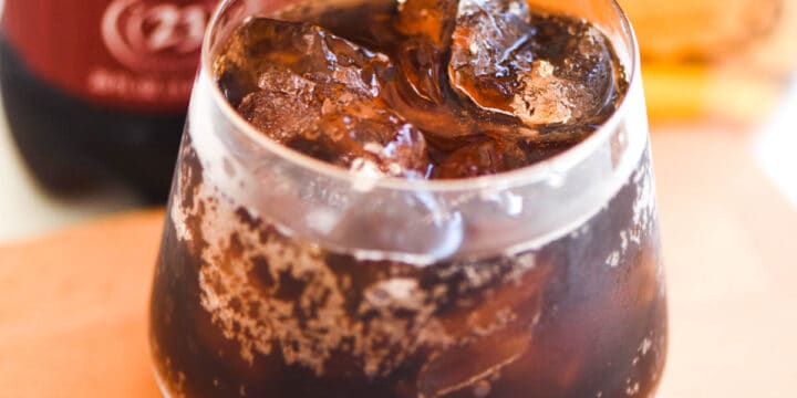 Close up of a Dr. Pepper cocktail.