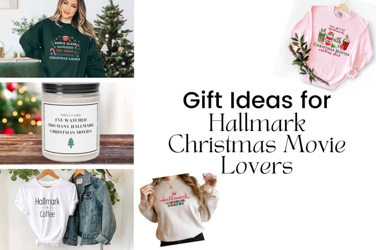 Collage of gift ideas for people who love Hallmark Christmas movies. 