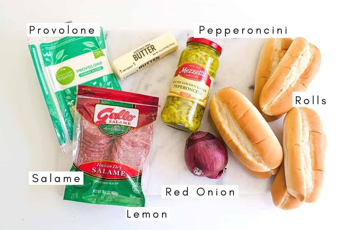 Labeled ingredients to make a Hot Italian sandwich for dinner.