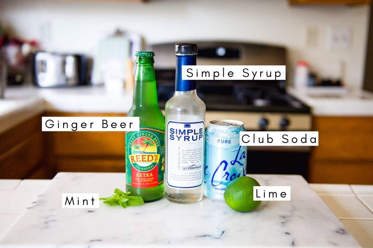 Labeled ingredients to make a virgin Moscow Mule.