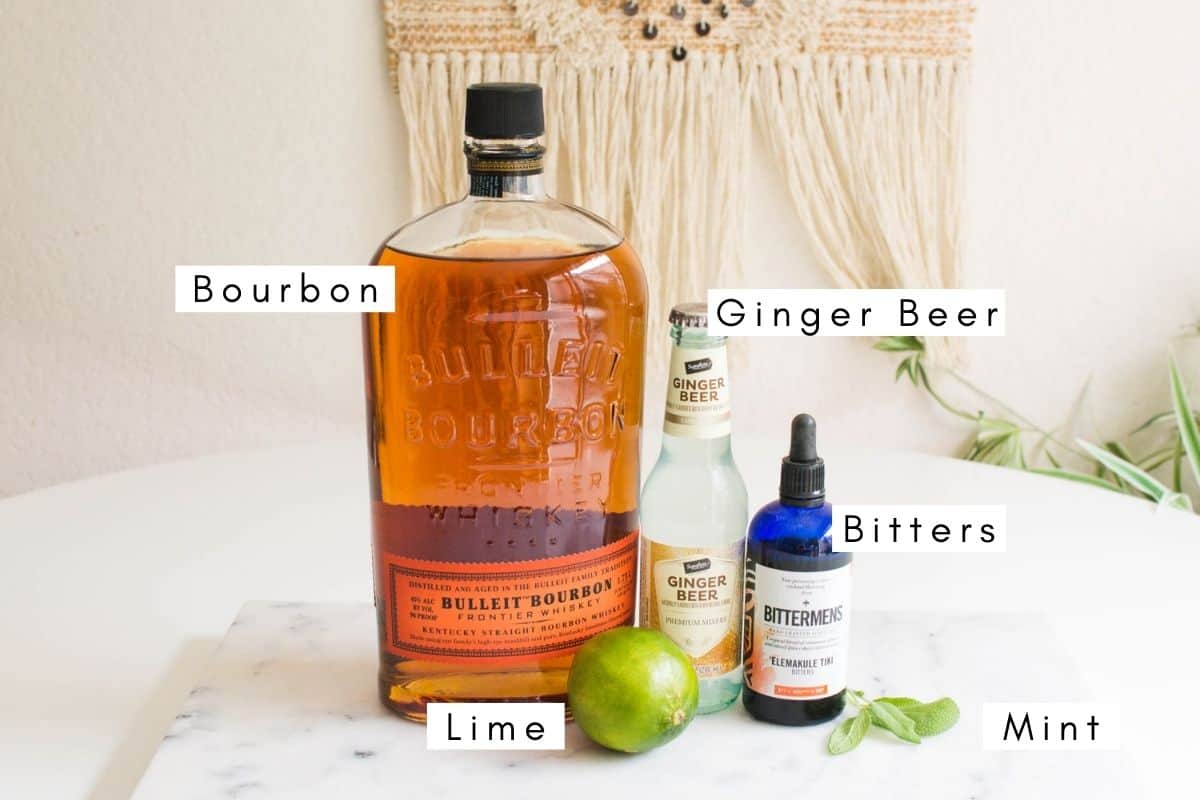 Labeled ingredients for a Bourbon Mule recipe.