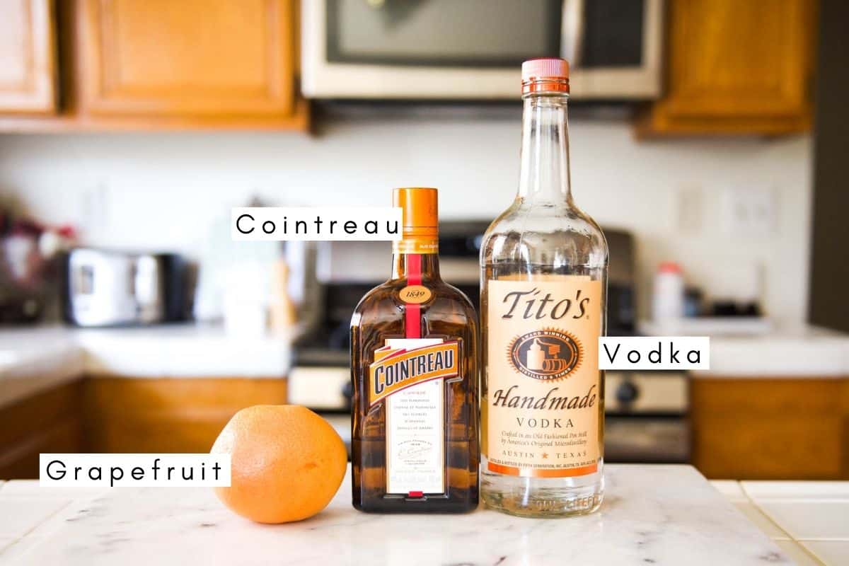 Labeled ingredients on a counter to make a vodka martini with fresh grapefruit juice.