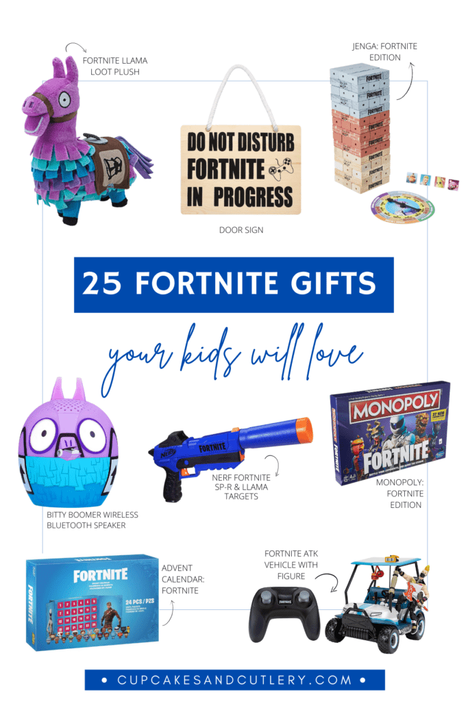 Collage of gift ideas for Fortnite lovers.
