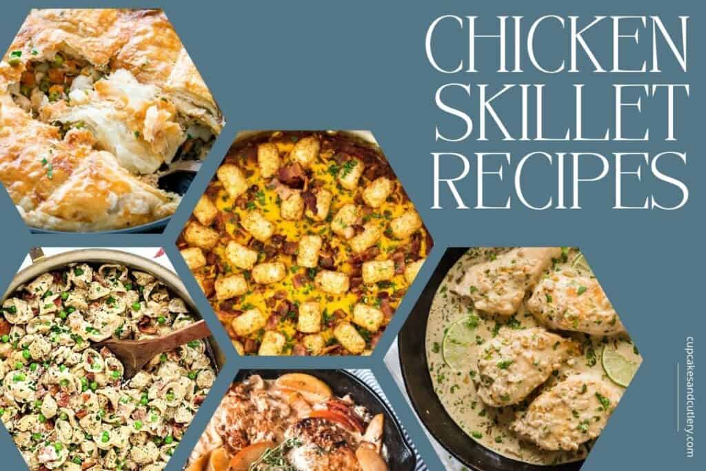 Variety of images of recipes made in a skillet with text next to it. 