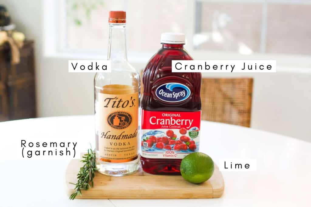 Labeled ingredients to make a Vodka Cranberry cocktail.