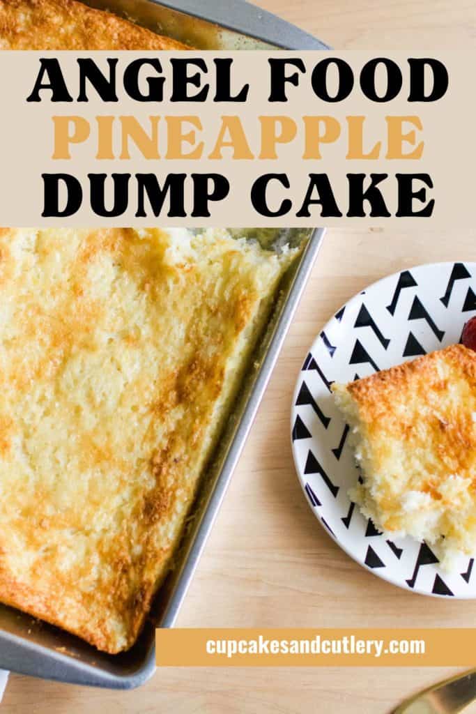 Angel Food Cake and pineapple dessert in a baking dish next to a plate.