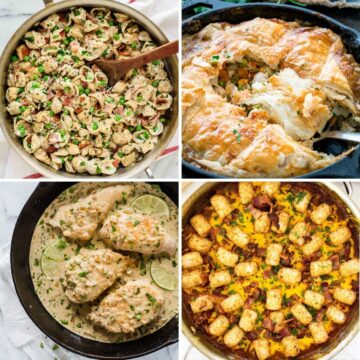 Collage of chicken skillet recipes.
