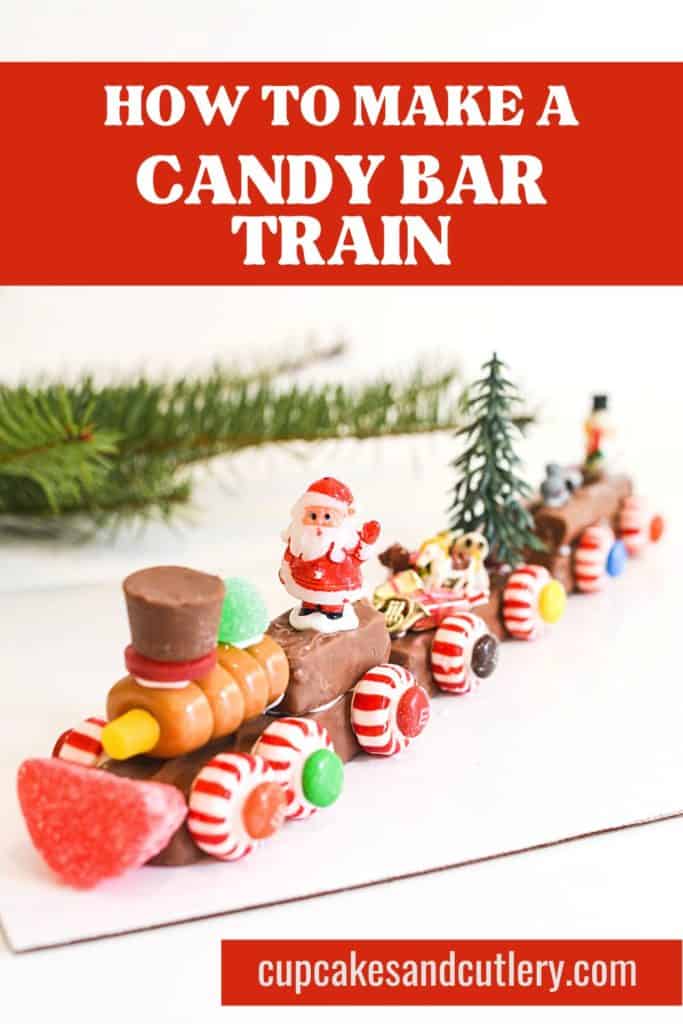A candy train with Christmas miniatures with text around in.