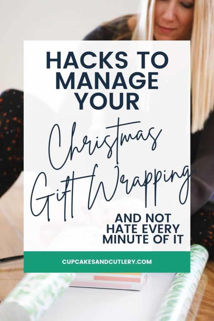 Woman wrapping a holiday present with text over it.