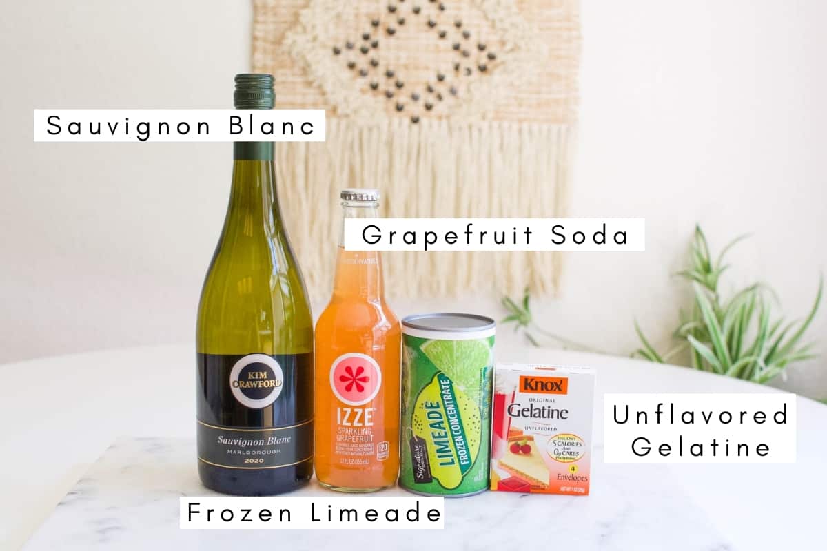 Labeled ingredients to make wine jello shots.