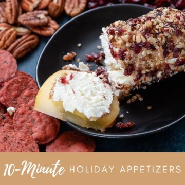 A holiday appetizer on a plate with text undernearth.