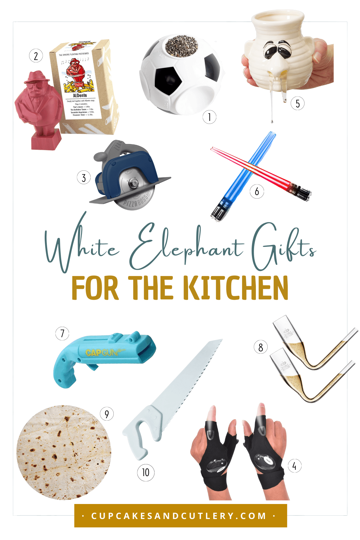 Collage of unusual kitchen gadgets that make the best white elephant gift ideas.