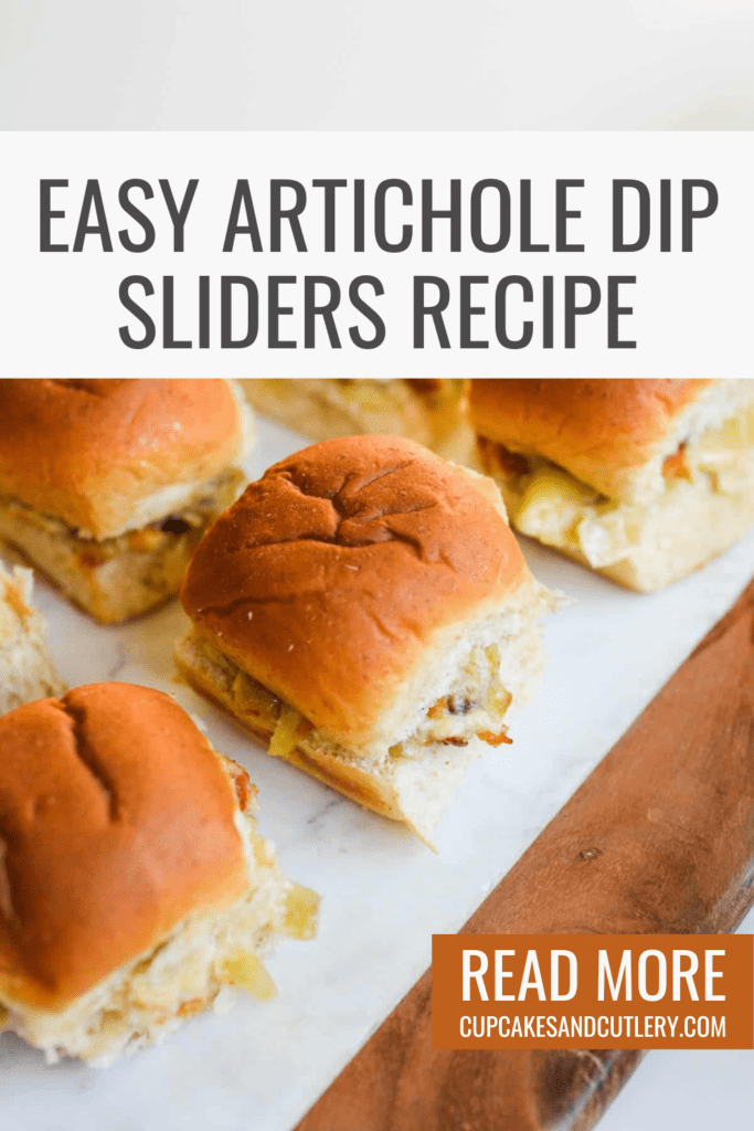 Sliders on a tray with Hawaiian Rolls made with artichoke dip for an easy appetizer.