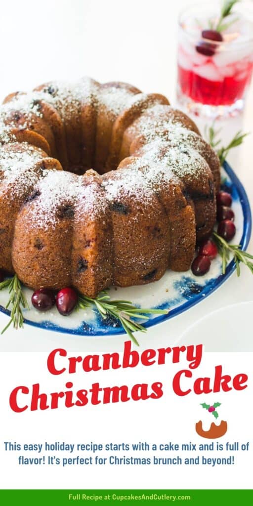 A Cranberry bundt cake for Christmas on a plate with fresh berries and rosemary.