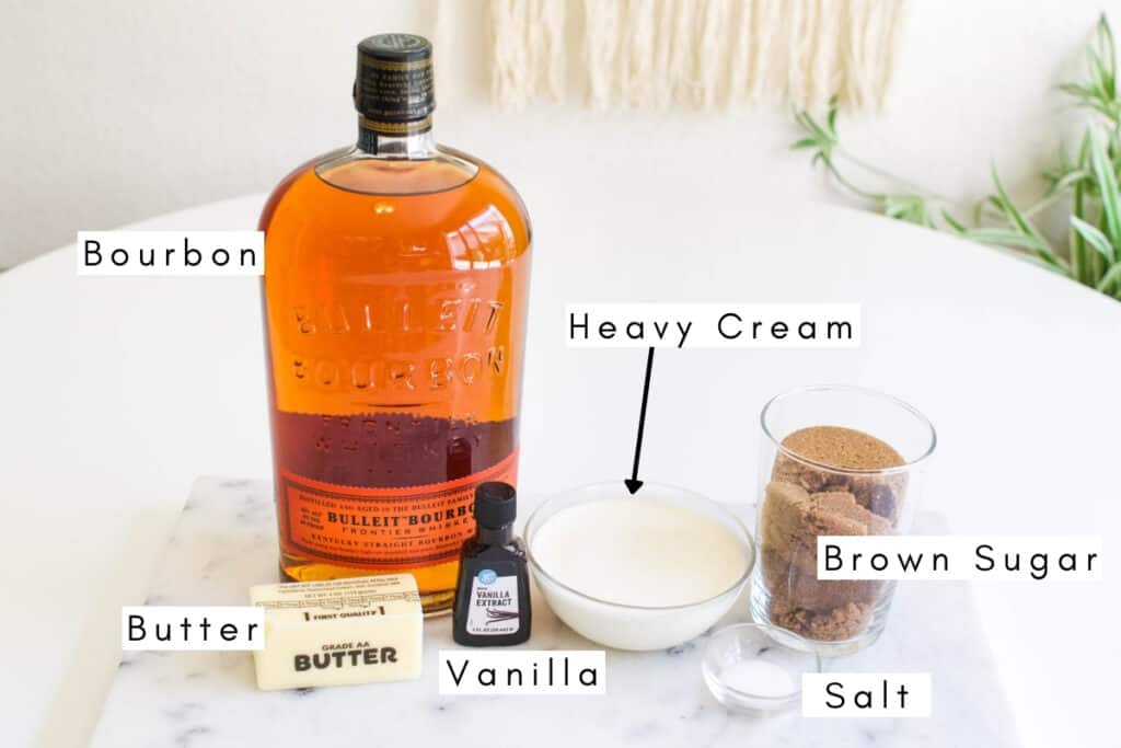 Labeled ingredients to make a bourbon caramel sauce.