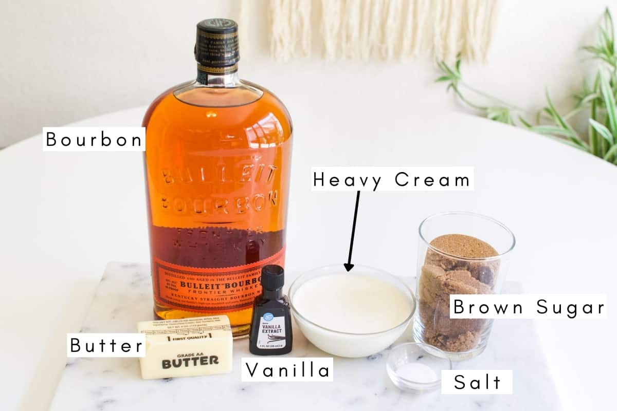 Labeled ingredients to make a bourbon caramel sauce.
