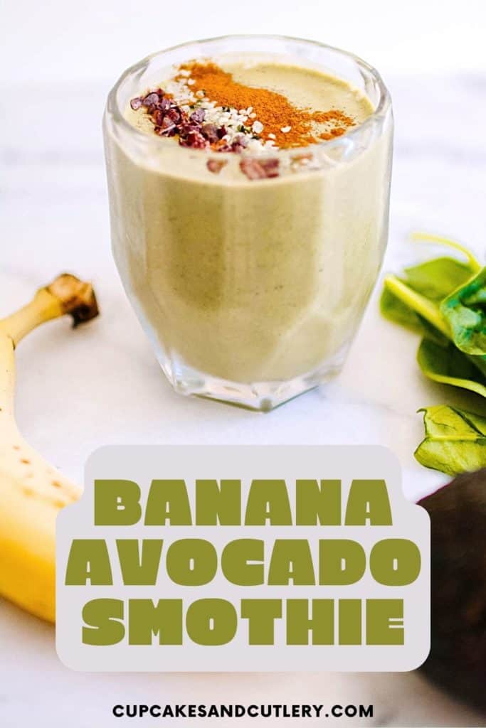 Glass of banana avocado smoothie with superfood toppings.