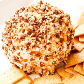 Close up of the best cheese ball recipe with blue cheese and pecans.
