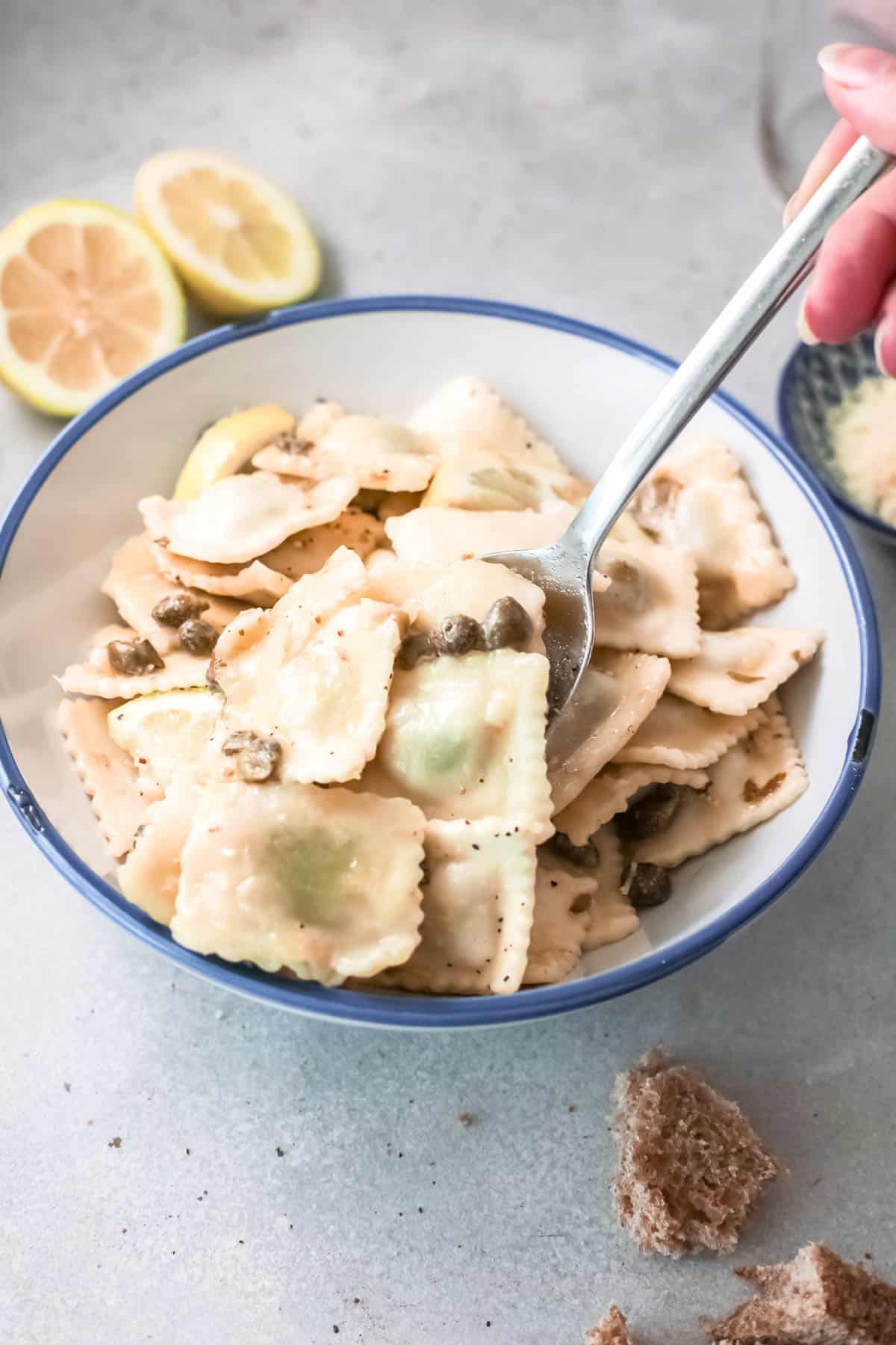 Close up of bowl with a weeknight dinner idea with ravioli.