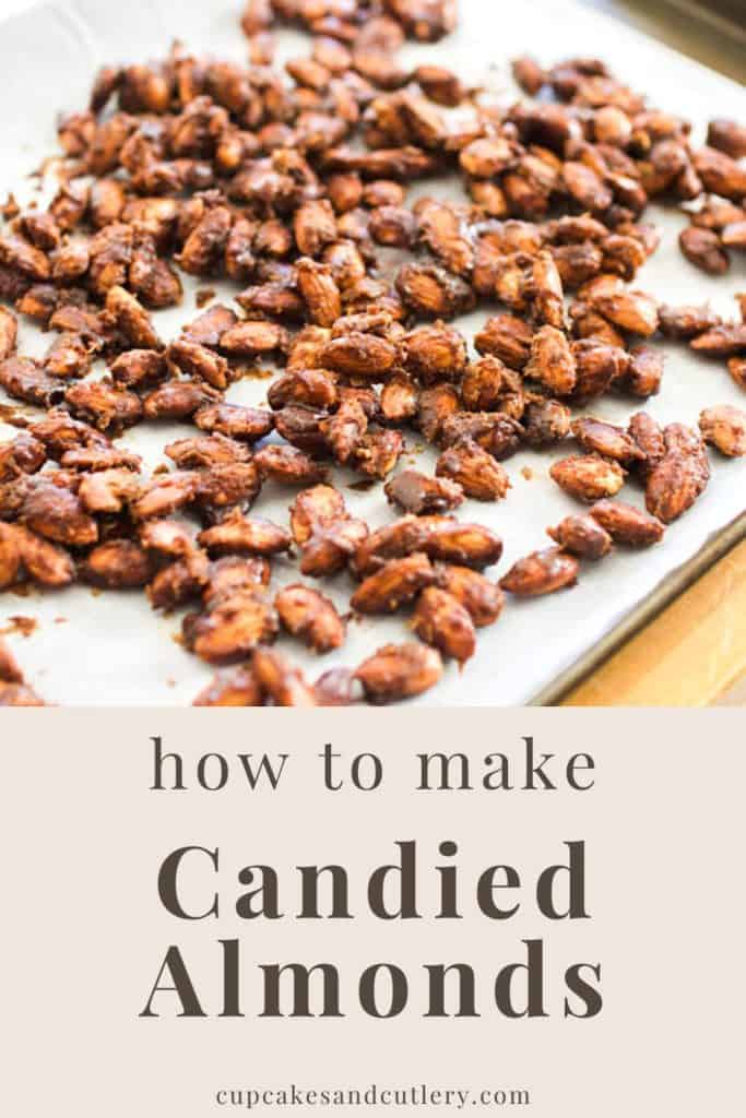 Close up of a tray of candied almonds.