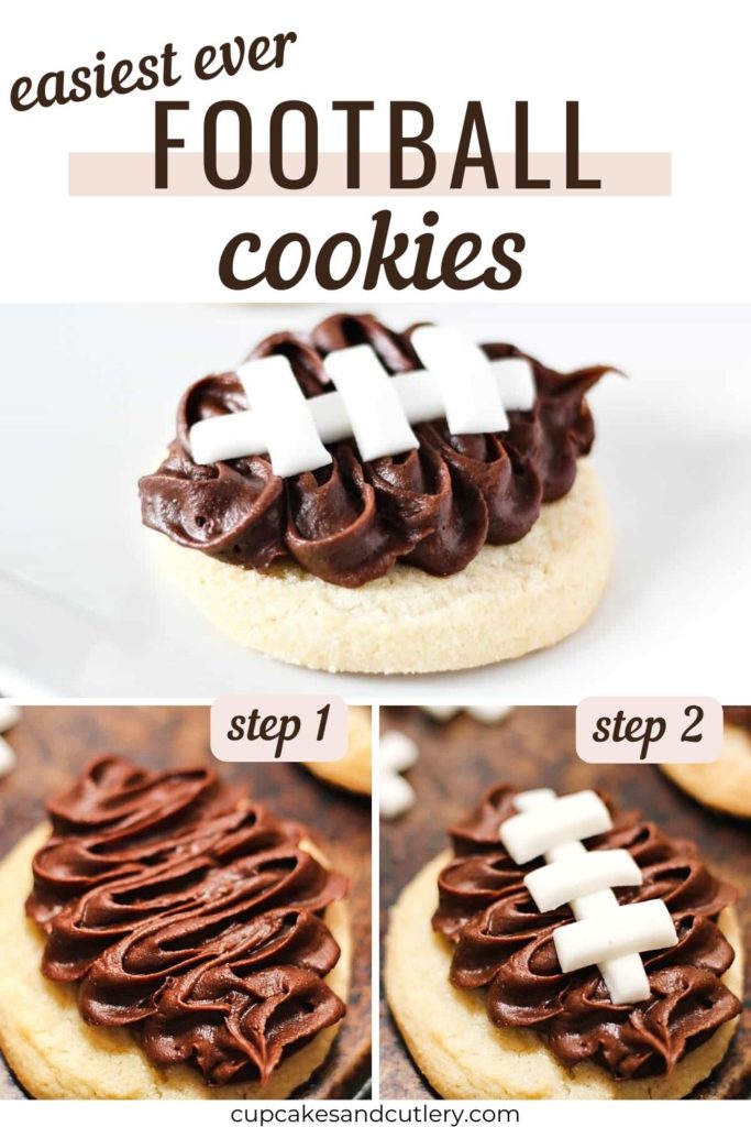 Step by step showing how to decorate football sugar cookies.