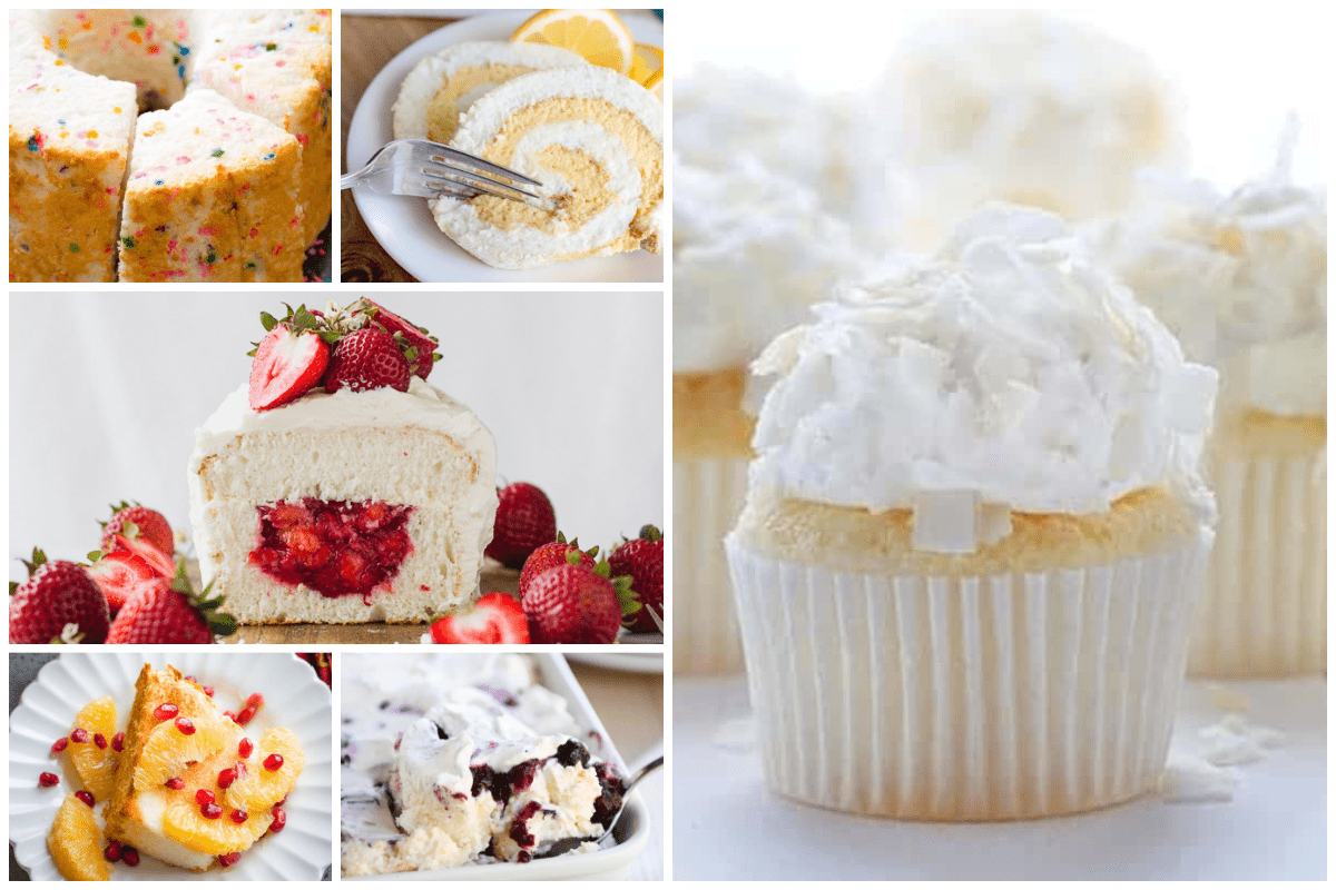 Collage of desserts made with store-bought angel food cake.
