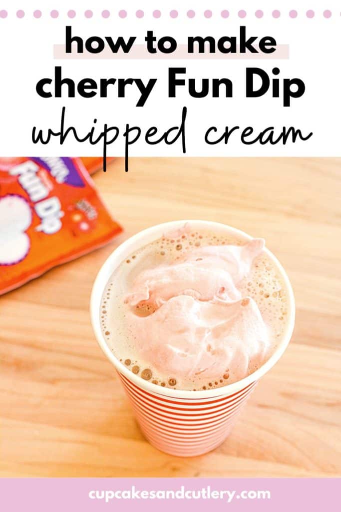 Text - How to make Cherry Fun Dip Whipped Cream with a cup holding hot chocolate topped with pink whipped cream.