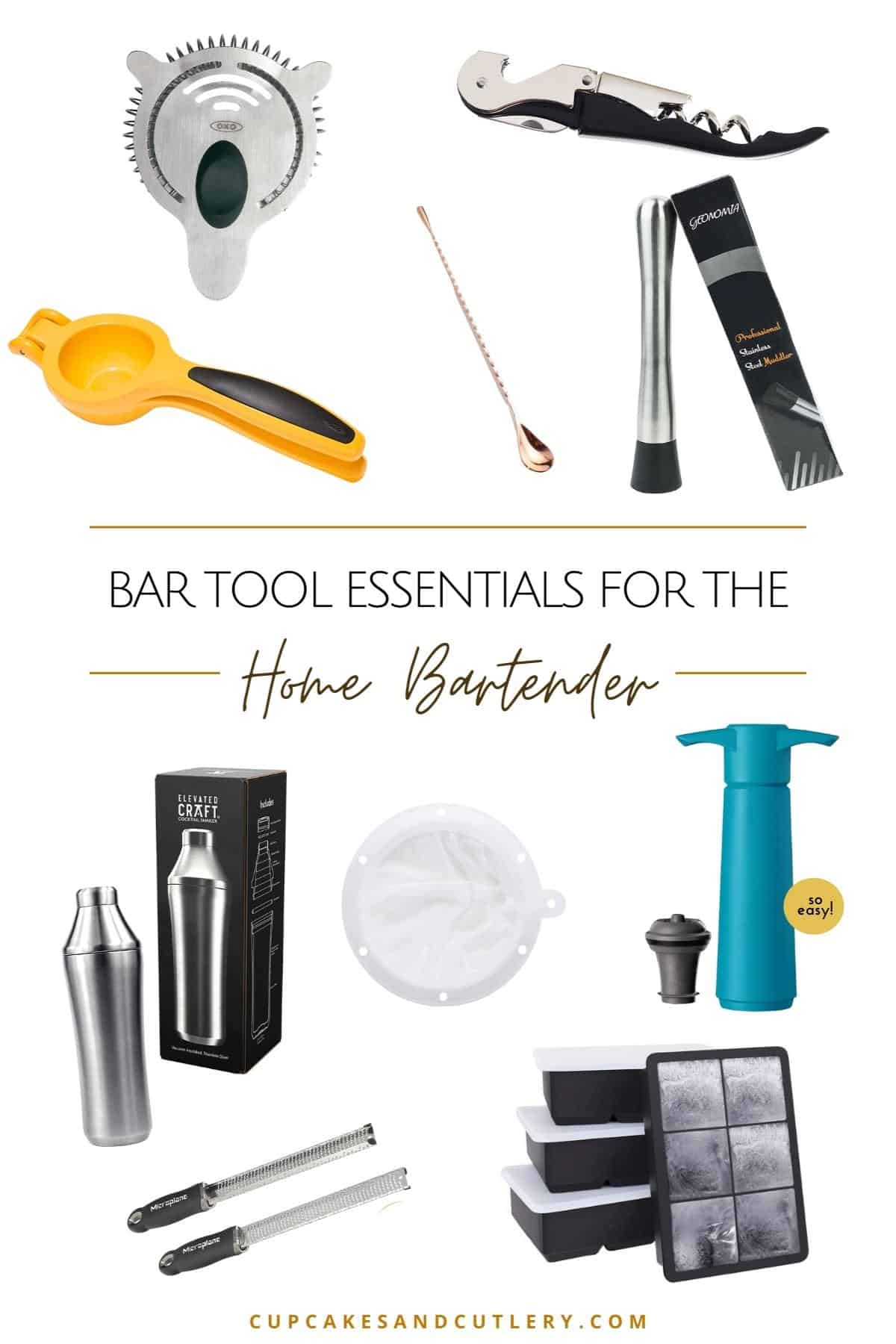 Collage of must have bar tools for mixing drinks at home.