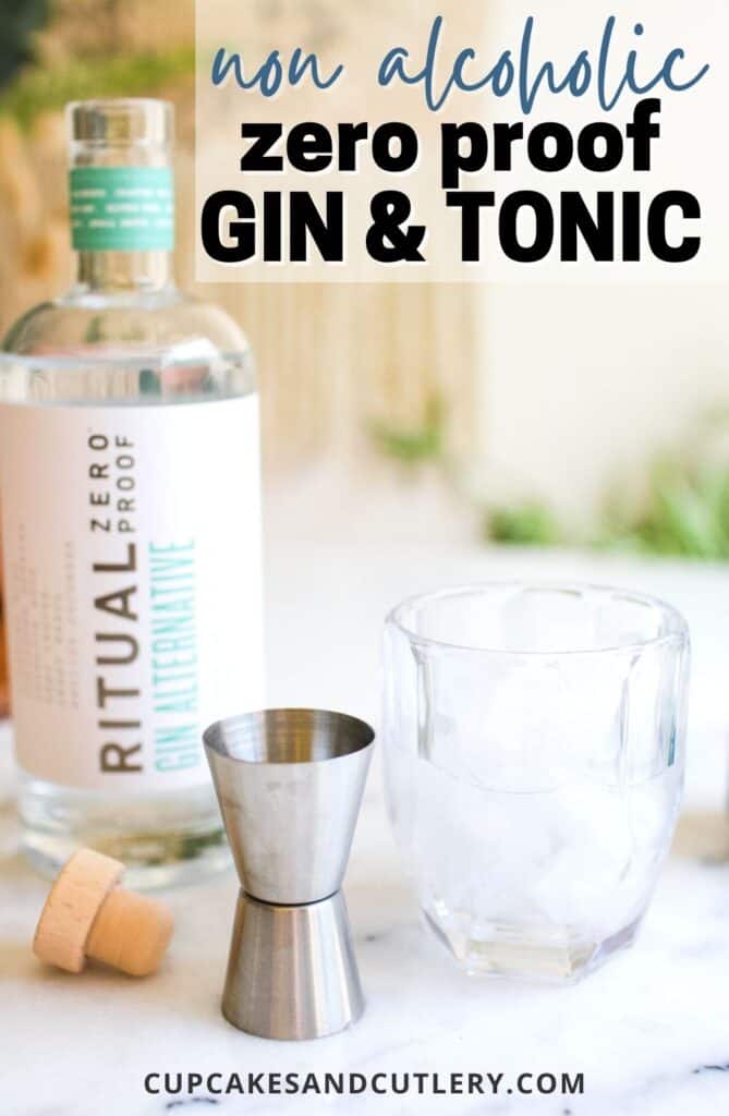 A bottle of Ritual zero proof gin on a table with a glass of non alcoholic gin and tonic.