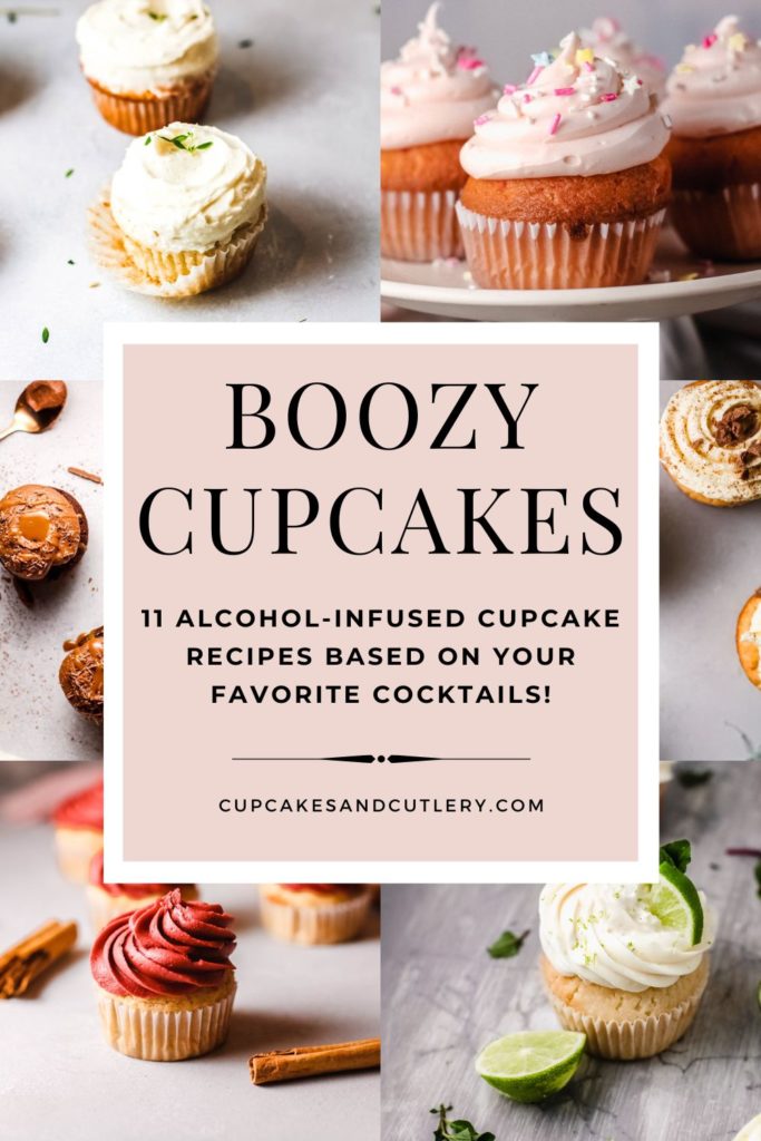 Collage of cupcake images with text over it that says "boozy cupcakes".