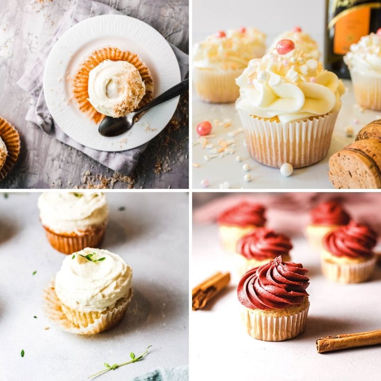 Collage of frosted cupcakes.