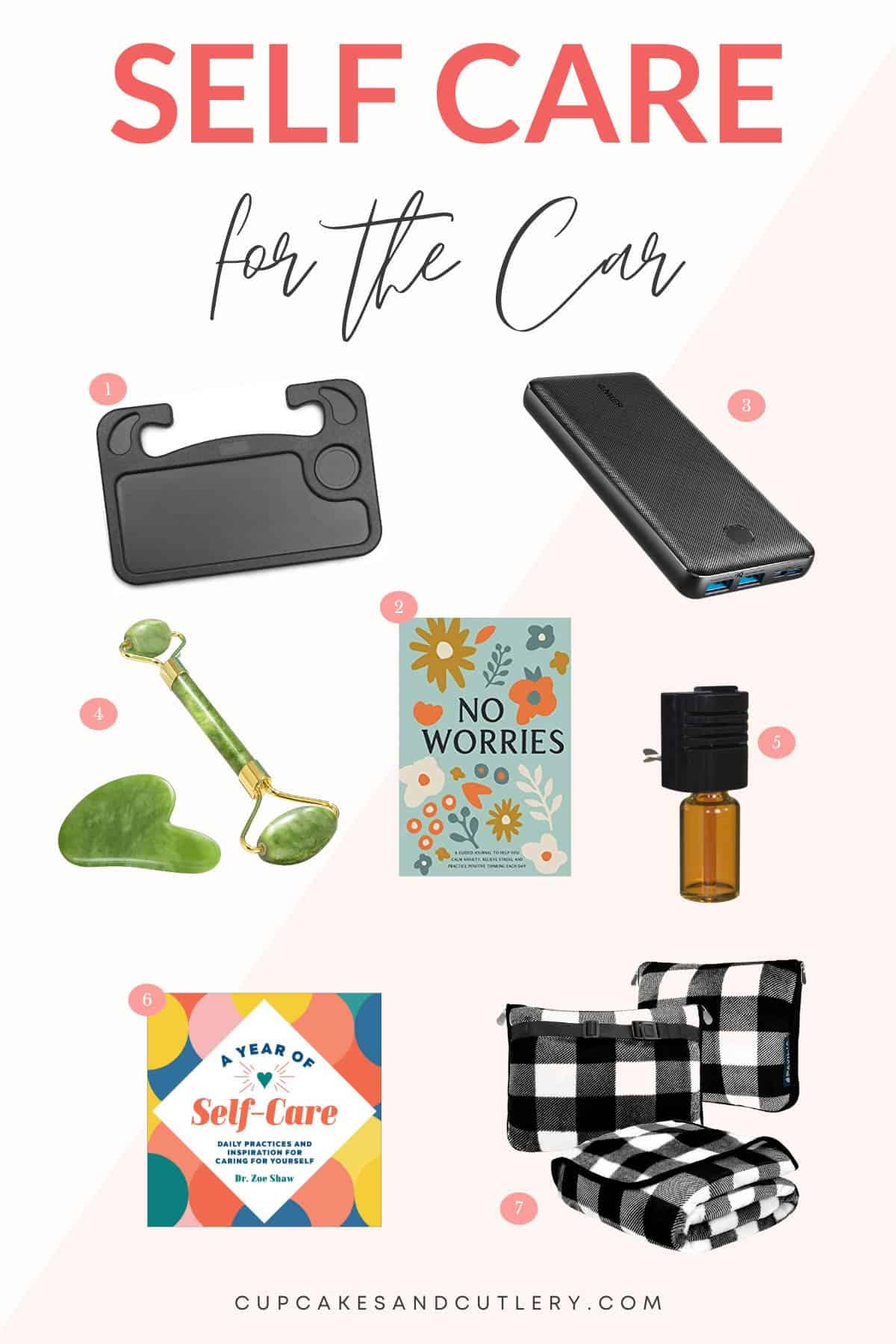 Clollage of essentials for doing self care in the car.