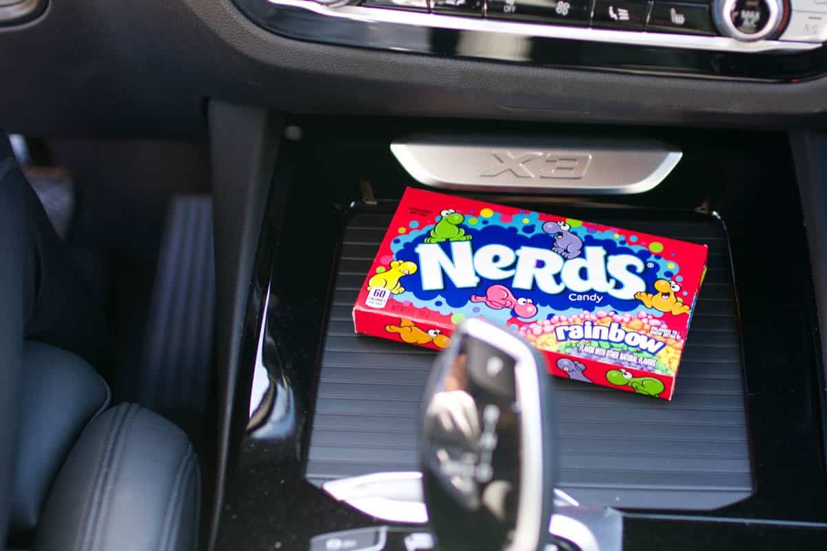 A box of Nerds candy in the car.