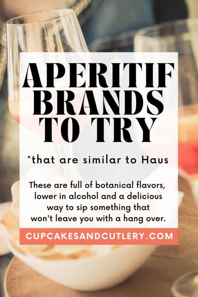 A text box that says "aperitif brands to try" over a photo of a bowl of chips and two glasses of an aperitif.