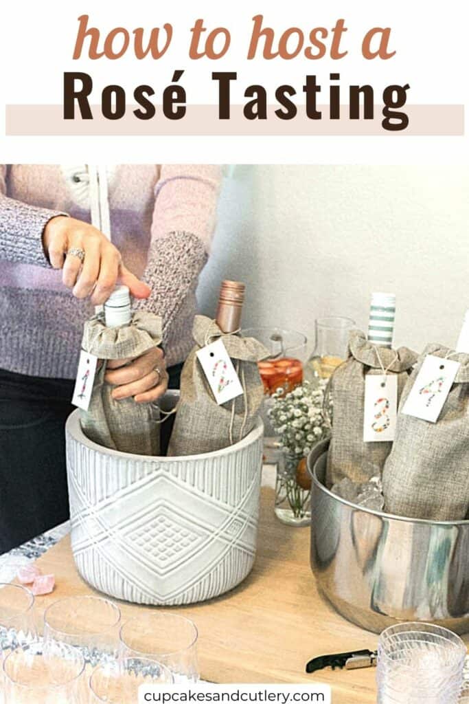 Text - How to host a rosé tasting with a woman opening a bottle of wine on a party table.