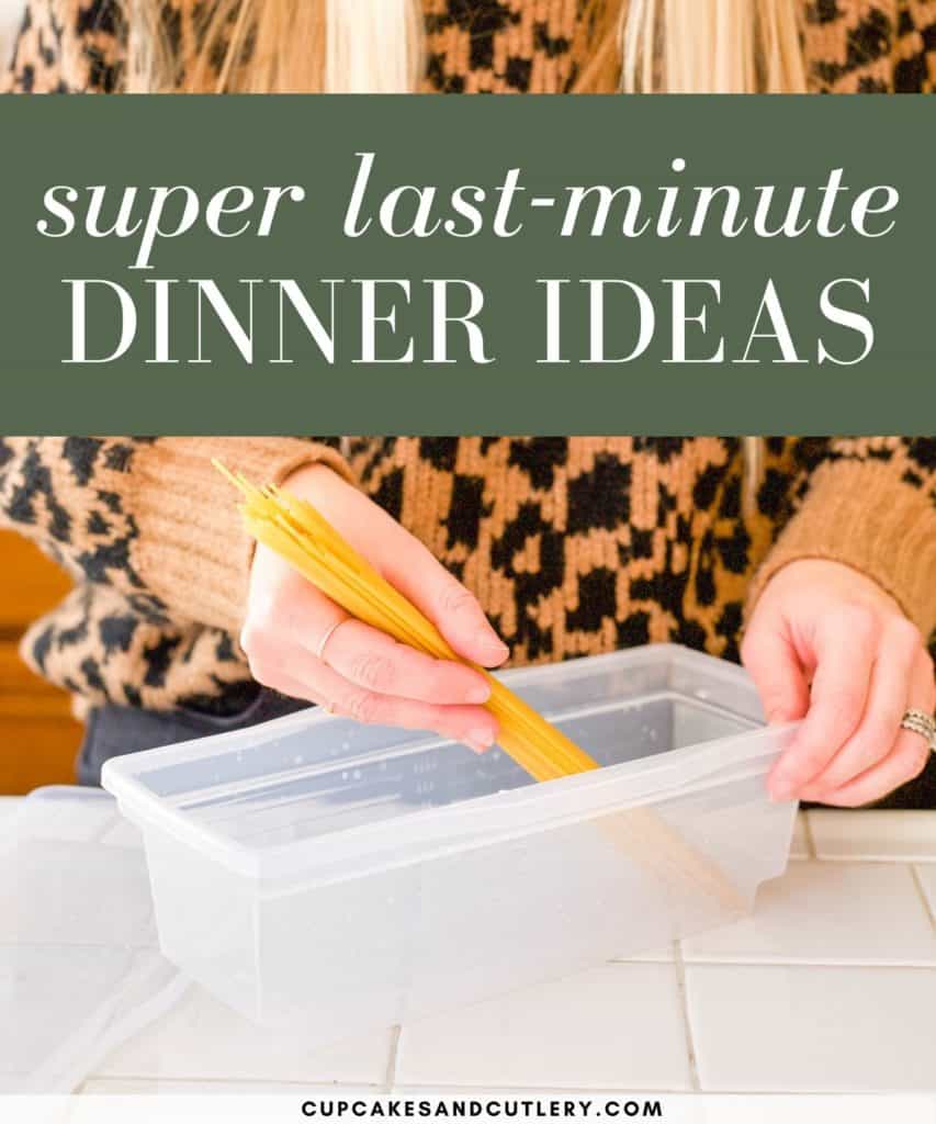 Woman adding pasta to a plastic dish with text over it.