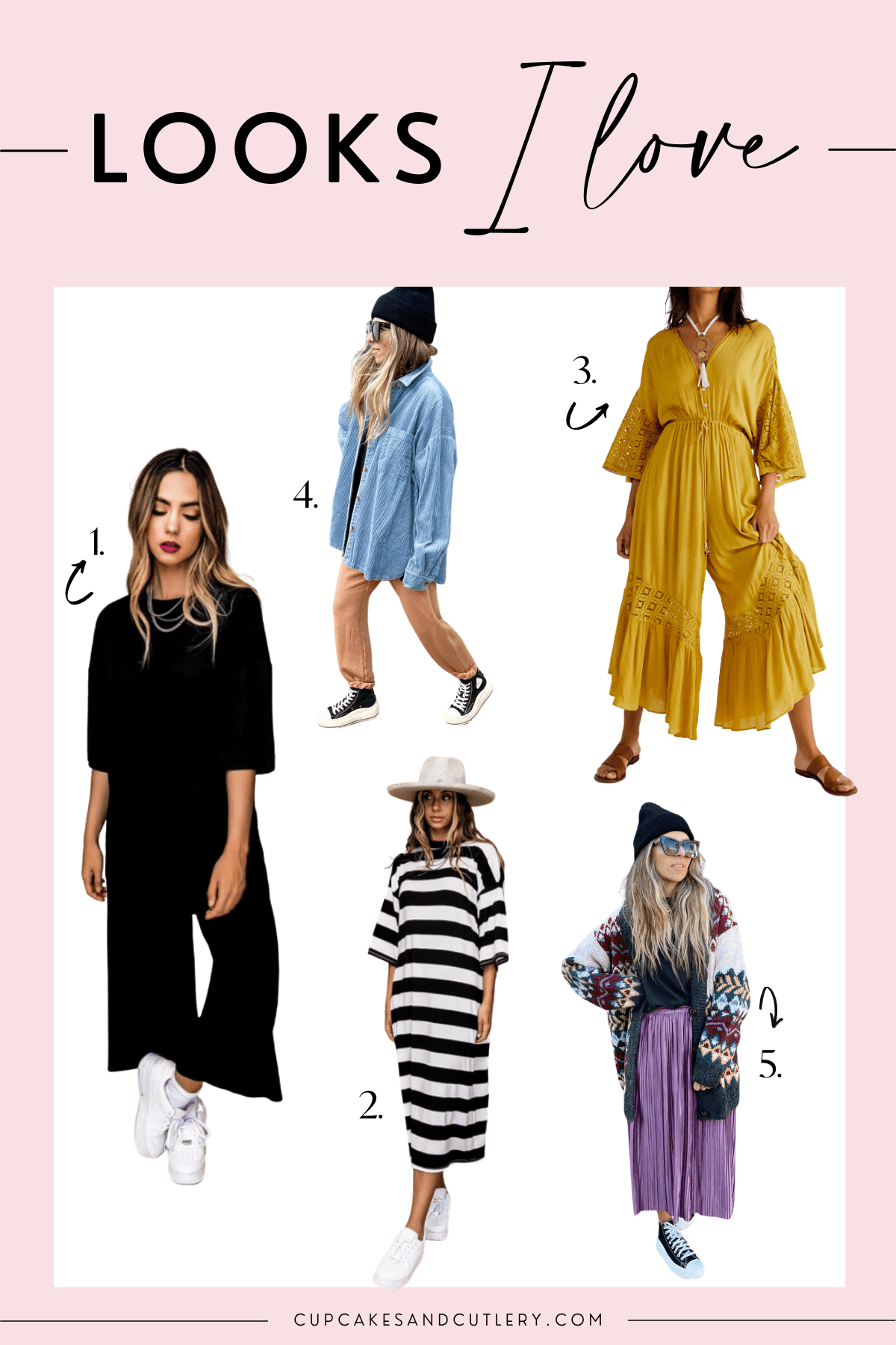 Collage of easy clothing pieces that are perfect for spring outfits.