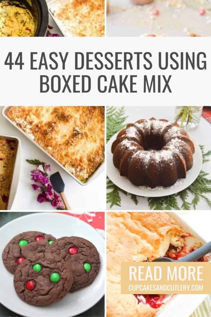 Text - 44 Easy Desserts Using boxed cake mix Over a collage of images of easy desserts that start with a boxed cake mix.
