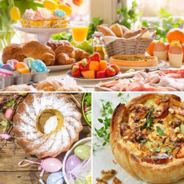 Collage of images showing Easter brunch including a food table, a bundt cake and a quiche.