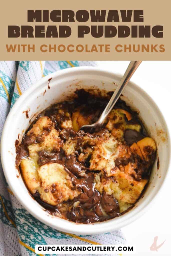 Close up image of a microwave bread pudding in a white ramekin with a spoon.