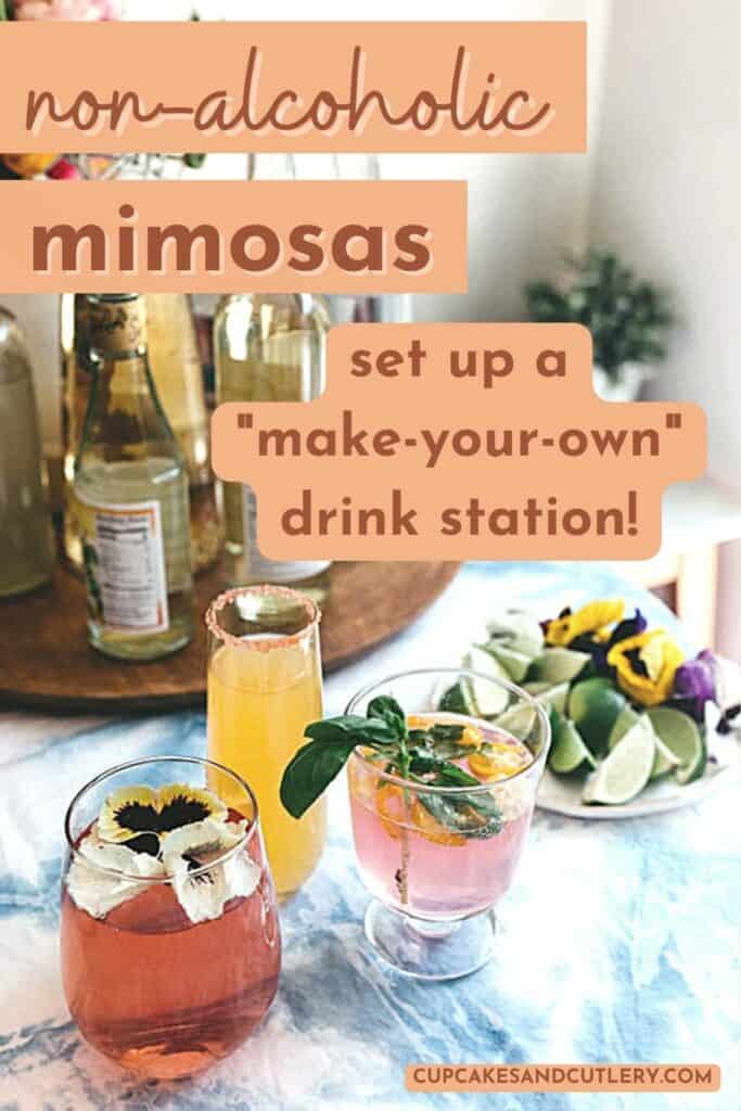 Text - Non-alcholic mimosas set up a make your own drink station with a variety of colorful drinks on a party drink table.