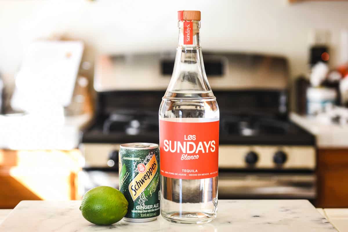 Ingredients on a counter to make a Tequila and Ginger Ale cocktail.