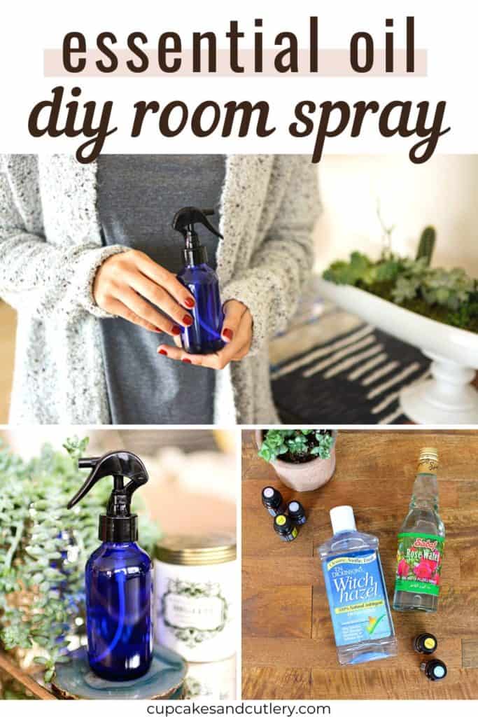 Text that says Essential oil diy room spray with a collage of images of a blue glass bottle holding homemade room spray.